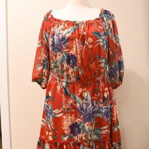 AVA & VIV Red Floral On/Off Shoulder 3/4 Sleeve Hi Lo Ruffled Hem Dress Size X